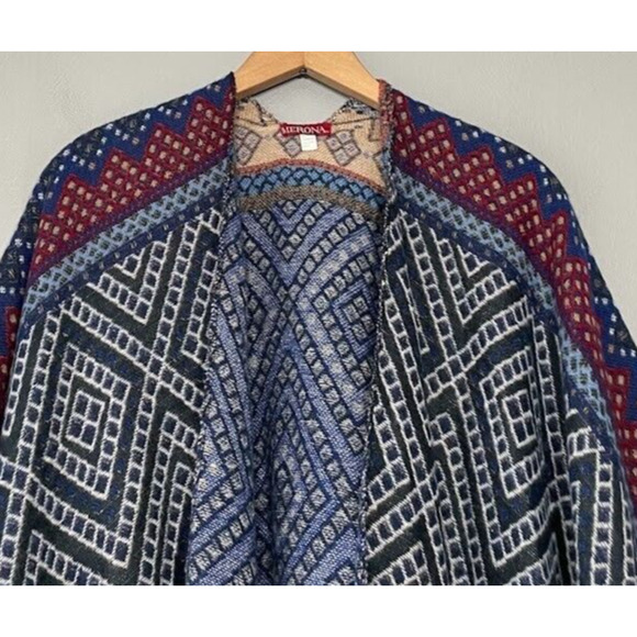 Merona One Size Boho Blanket Shawl Fringe Western Festival Ruana Southwest Aztec - Picture 2 of 5
